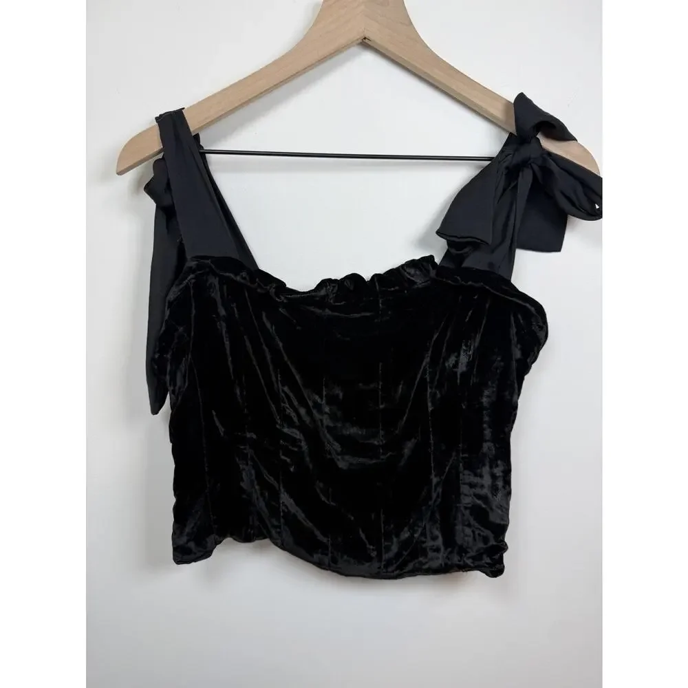 Free People Trapped In Your Love Tank Large Black Velvet Corset Bow Adjustable